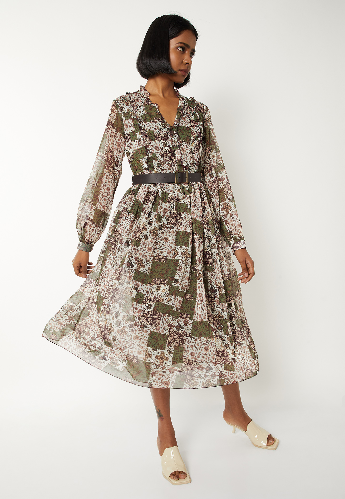 Women Printed A-line Dress with Belt-picture-48