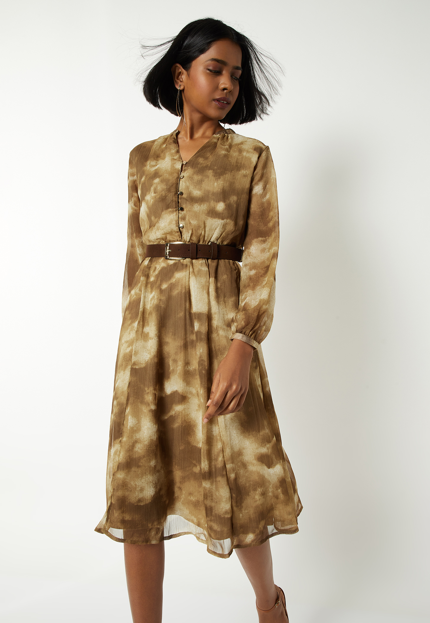 Women Printed A-line Dress with Belt-picture-35