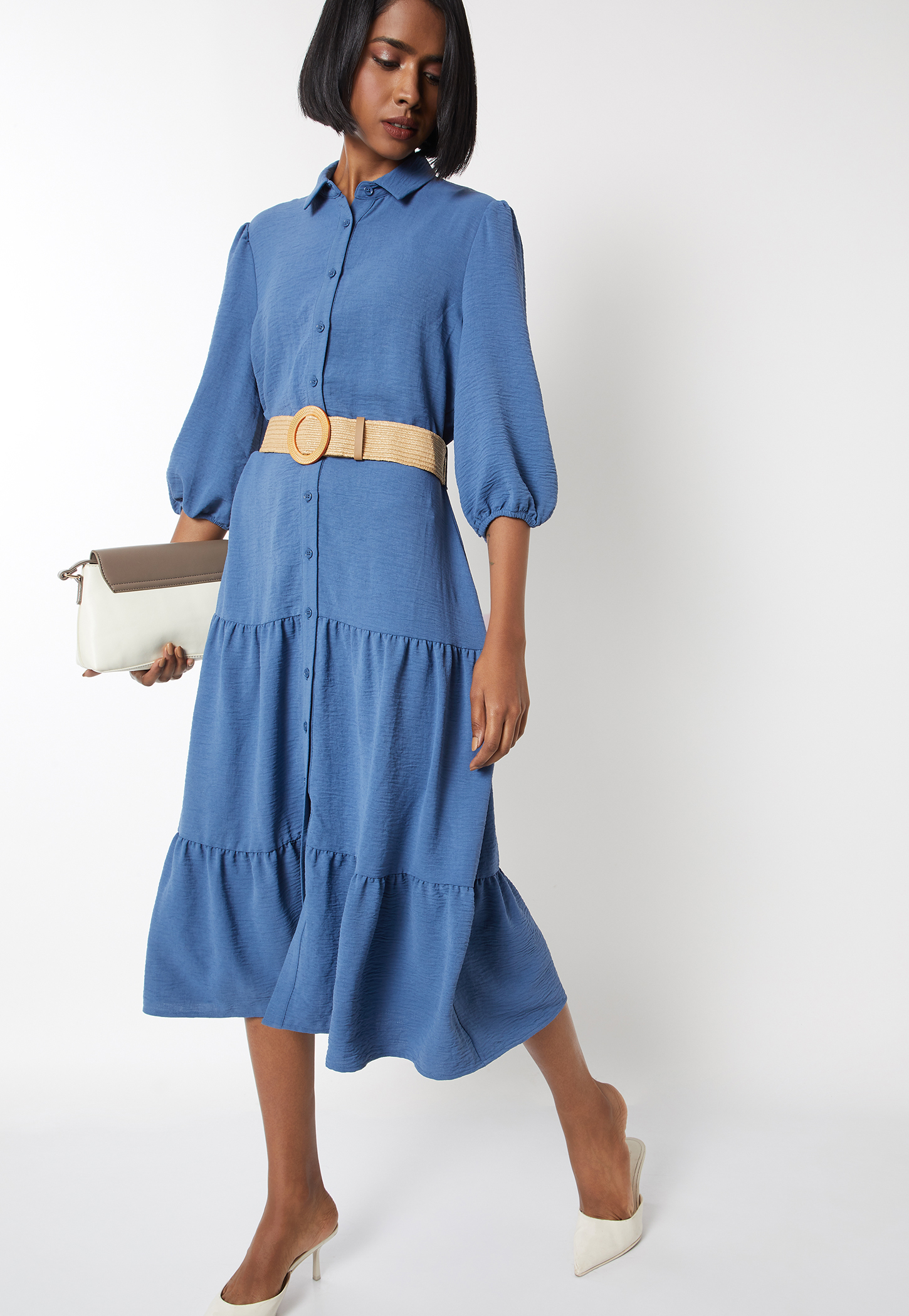 Women Textured Tiered Dress with Belt-picture-12