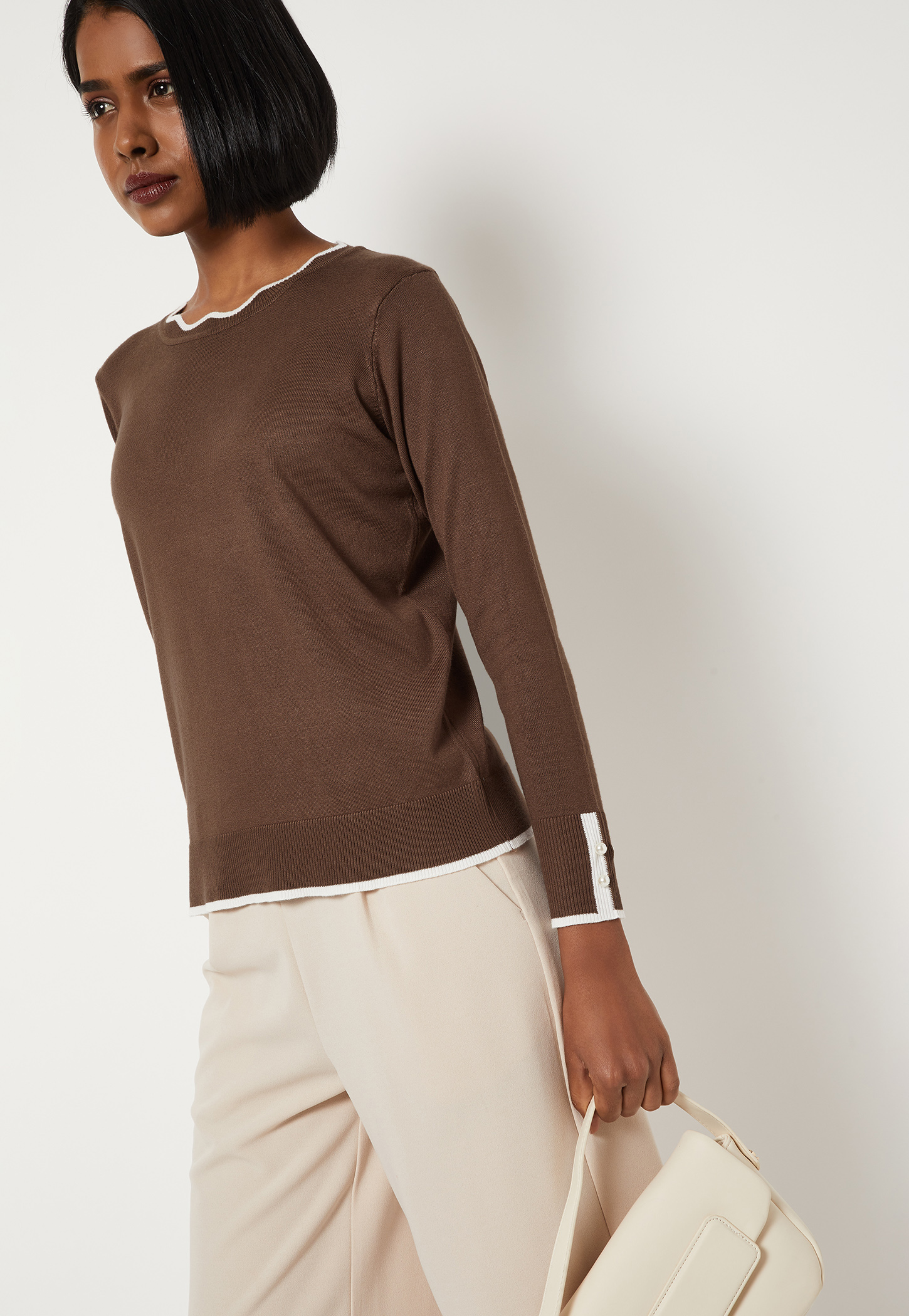 Women Contrast Tipping Top with Pearl Accents-picture-16