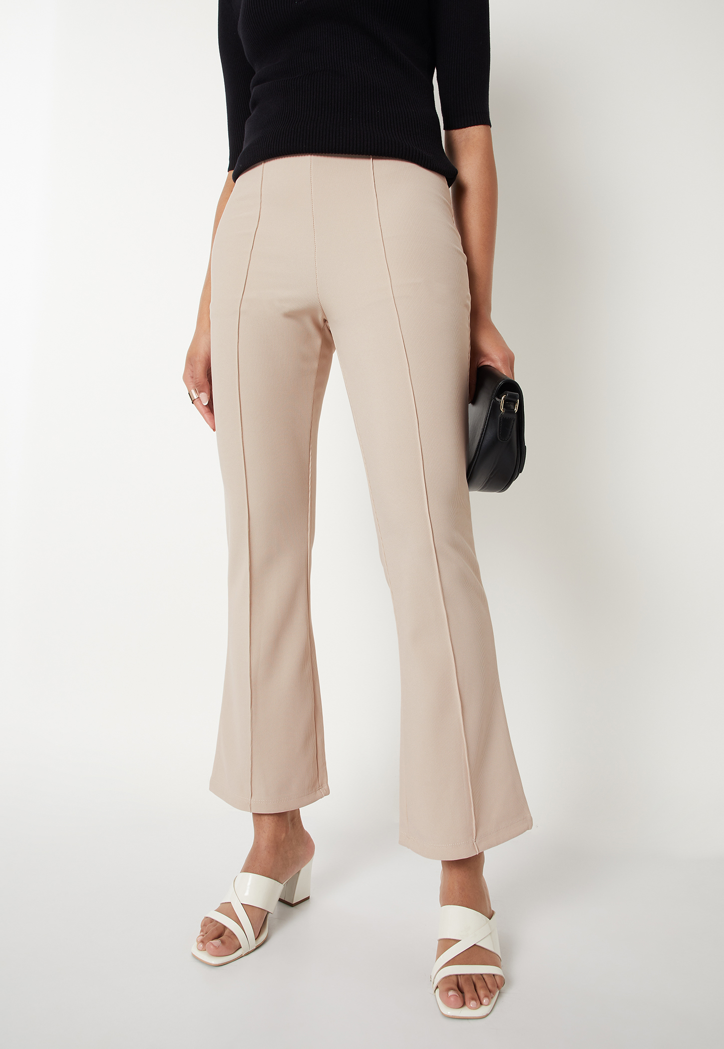 Women Ribbed Kick Flare Trousers-picture-56