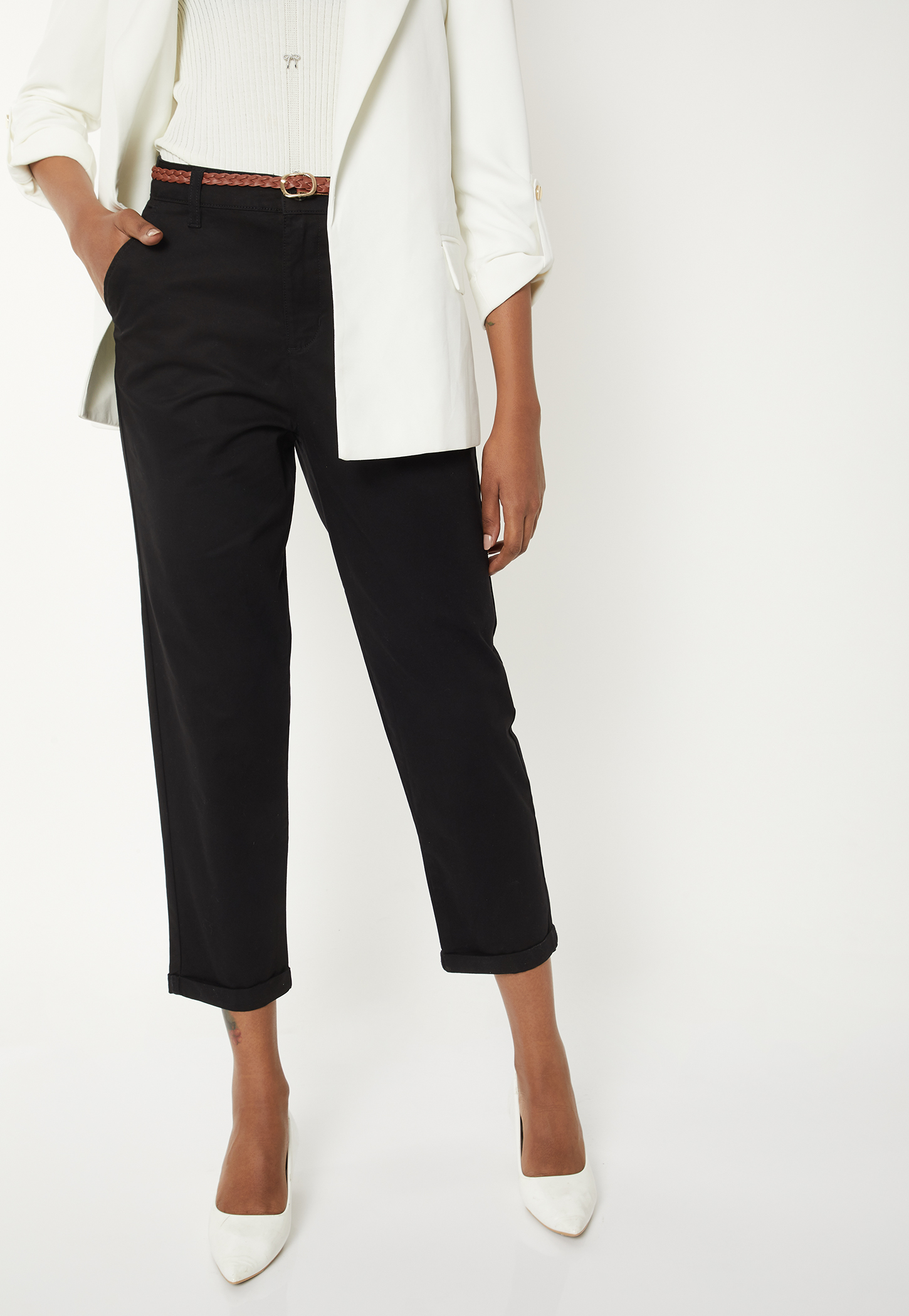 Women Solid Trousers with Braided Belt-picture-57