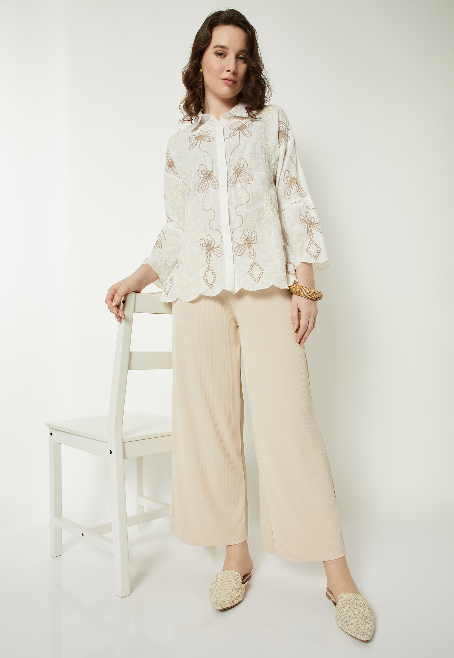 Women Elasticated Front Waist Tie Up Ribbed Palazzo-image-1