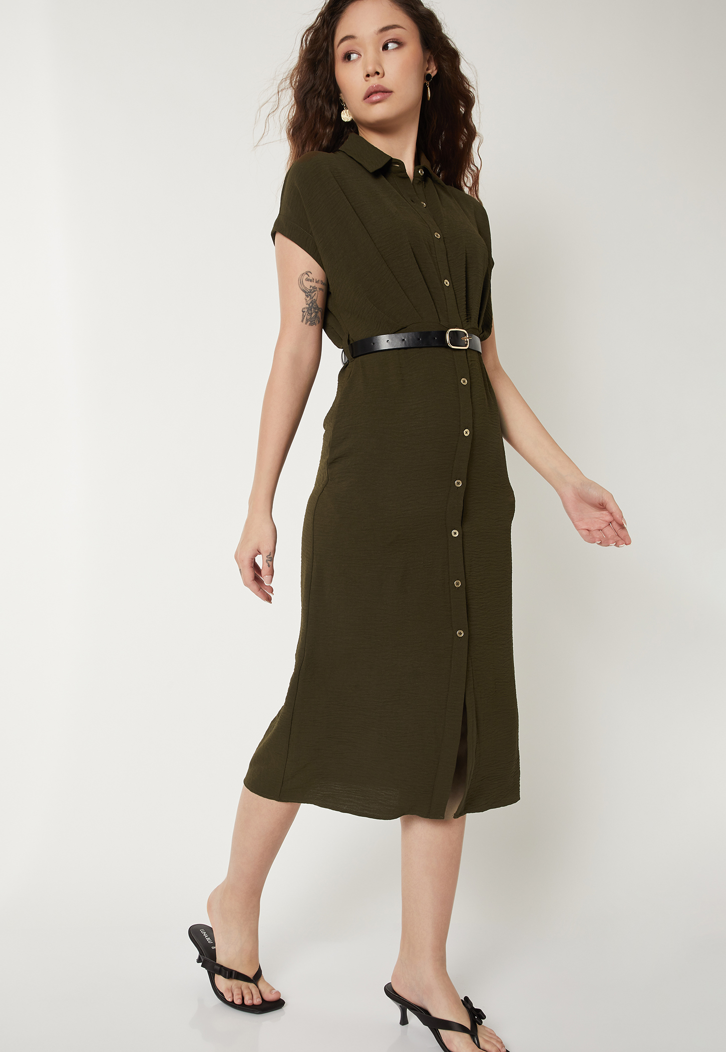 Women Solid Shirt Dress with Belt-picture-18