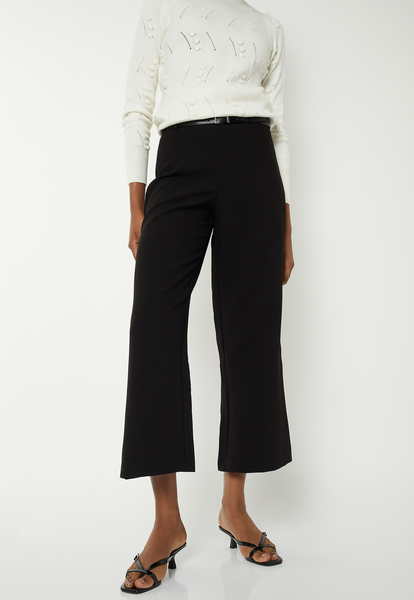 Women Solid Wide-Leg Crop Trousers with Belt-picture-39