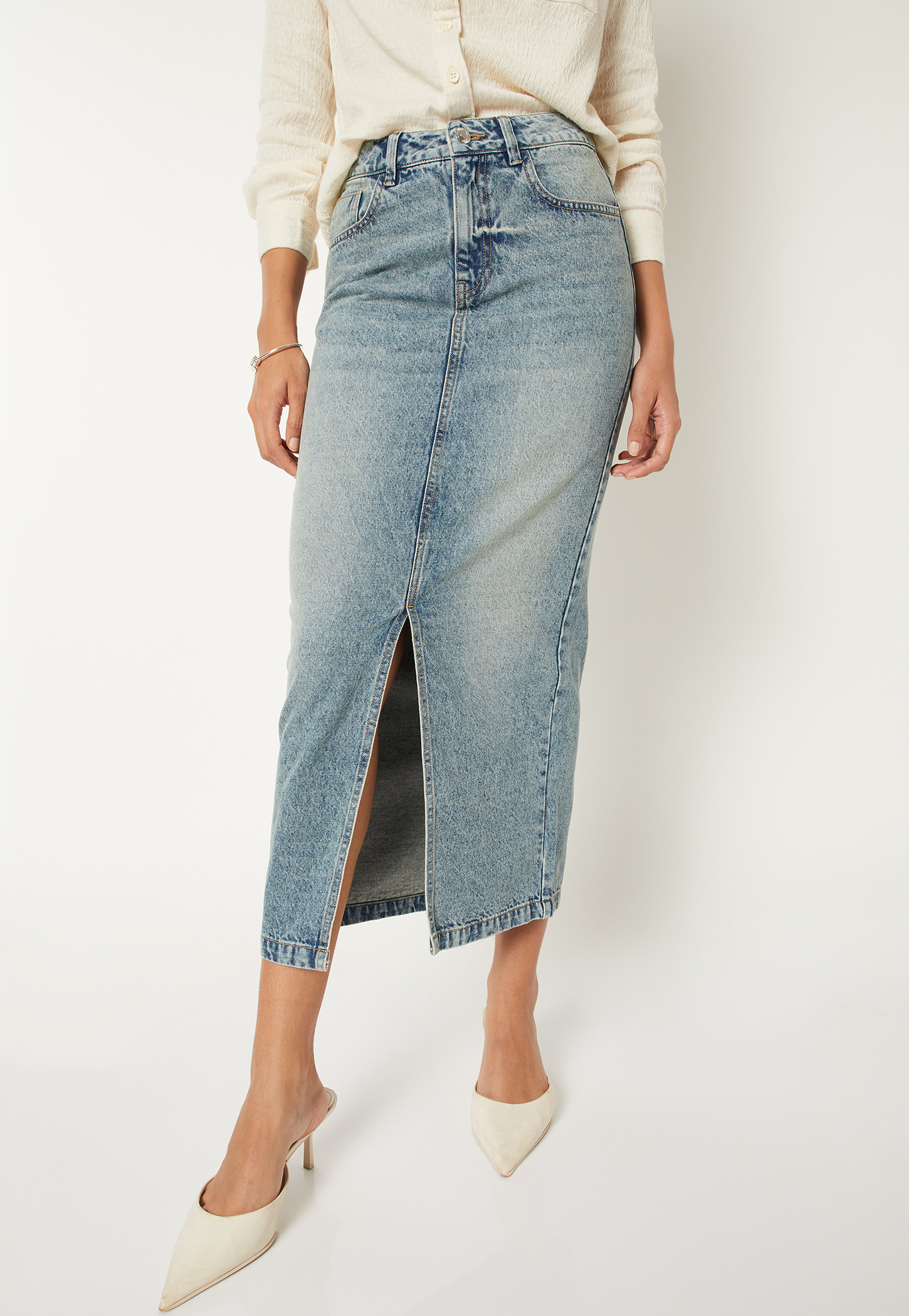 Women Washed Denim Pencil Midi Skirt-picture-39