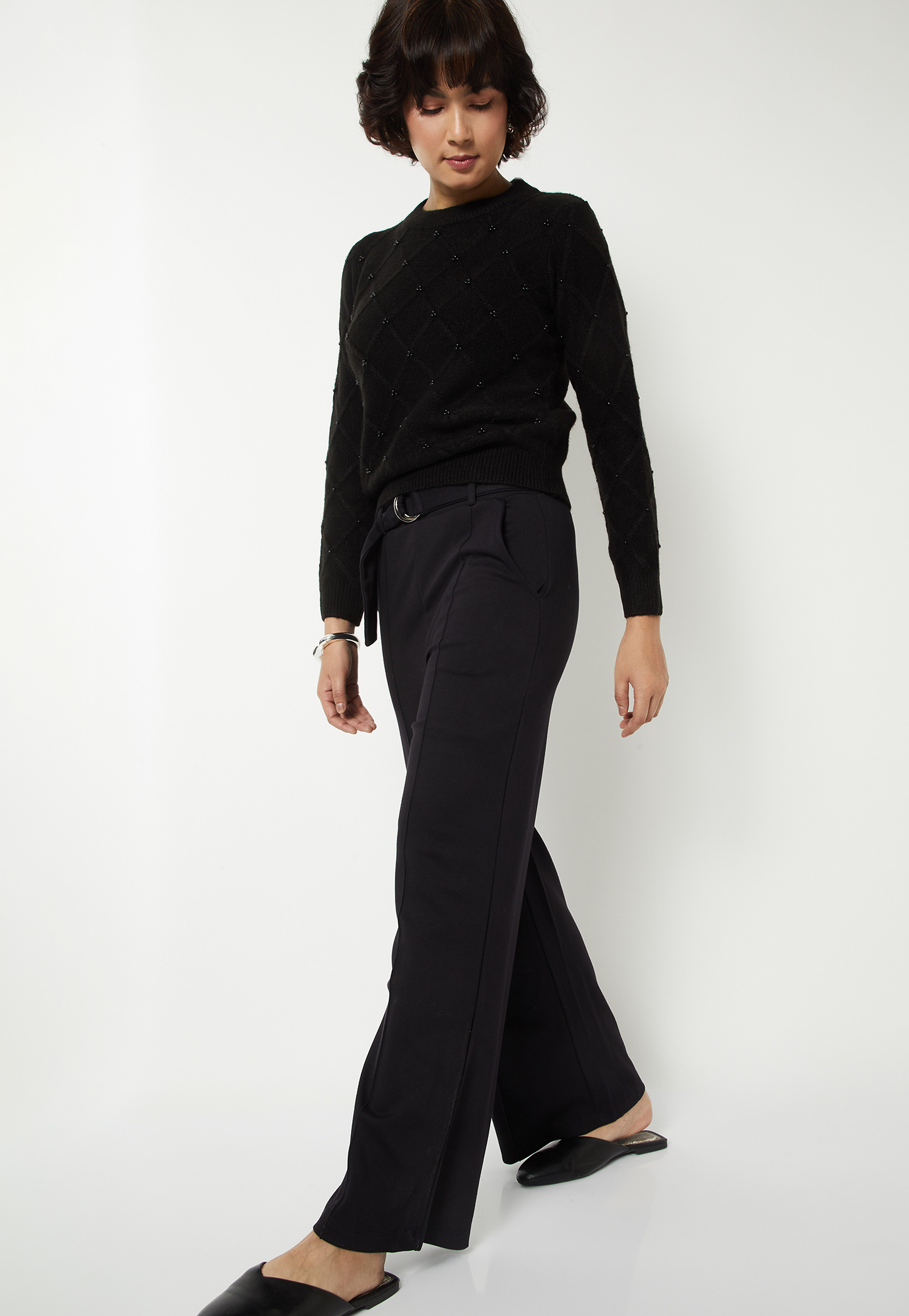 Women Wide Leg Belted Trousers-picture-19