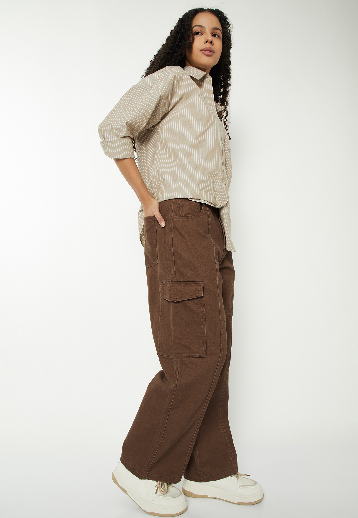 Women Solid Wide Leg High-Rise Cargo Jeans-picture-41