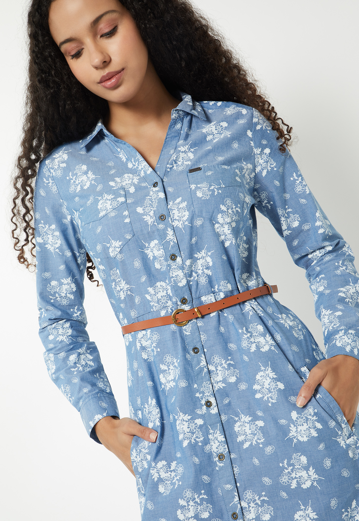 Women Floral Print Shirt Dress with Belt-picture-53