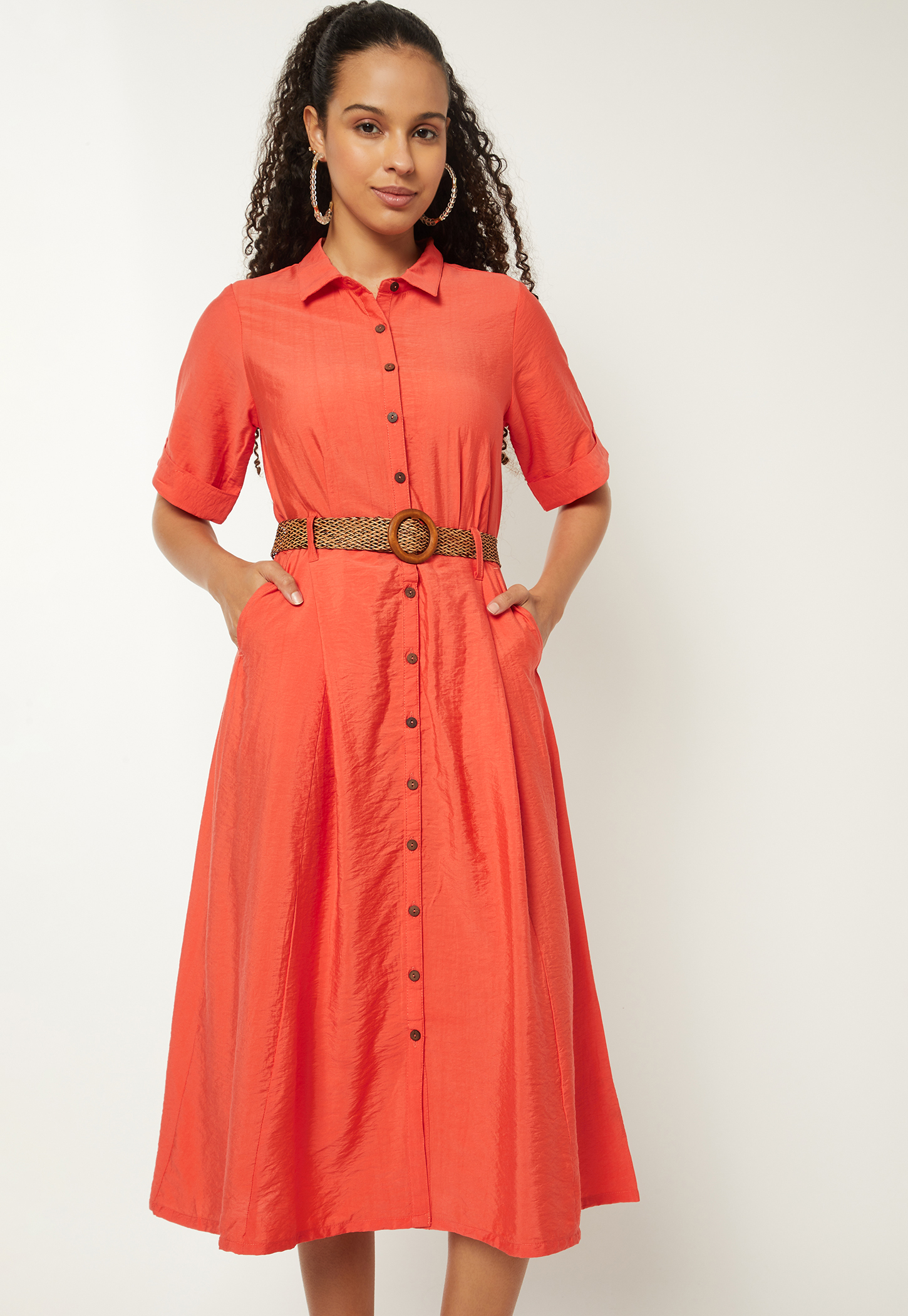 Women Solid Belted Shirt Dress-picture-22