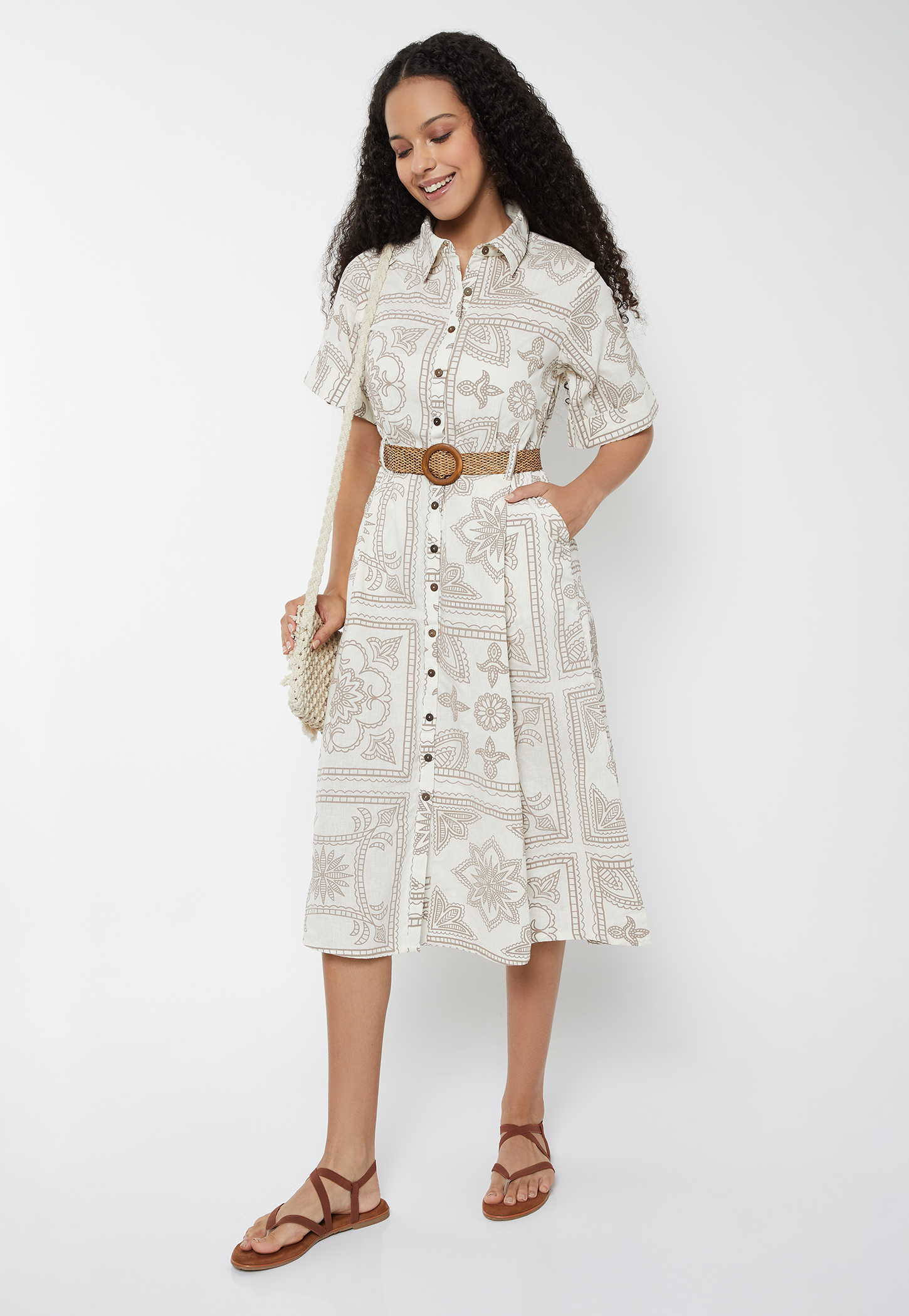 Women Printed Shirt Dress with Belt-picture-14