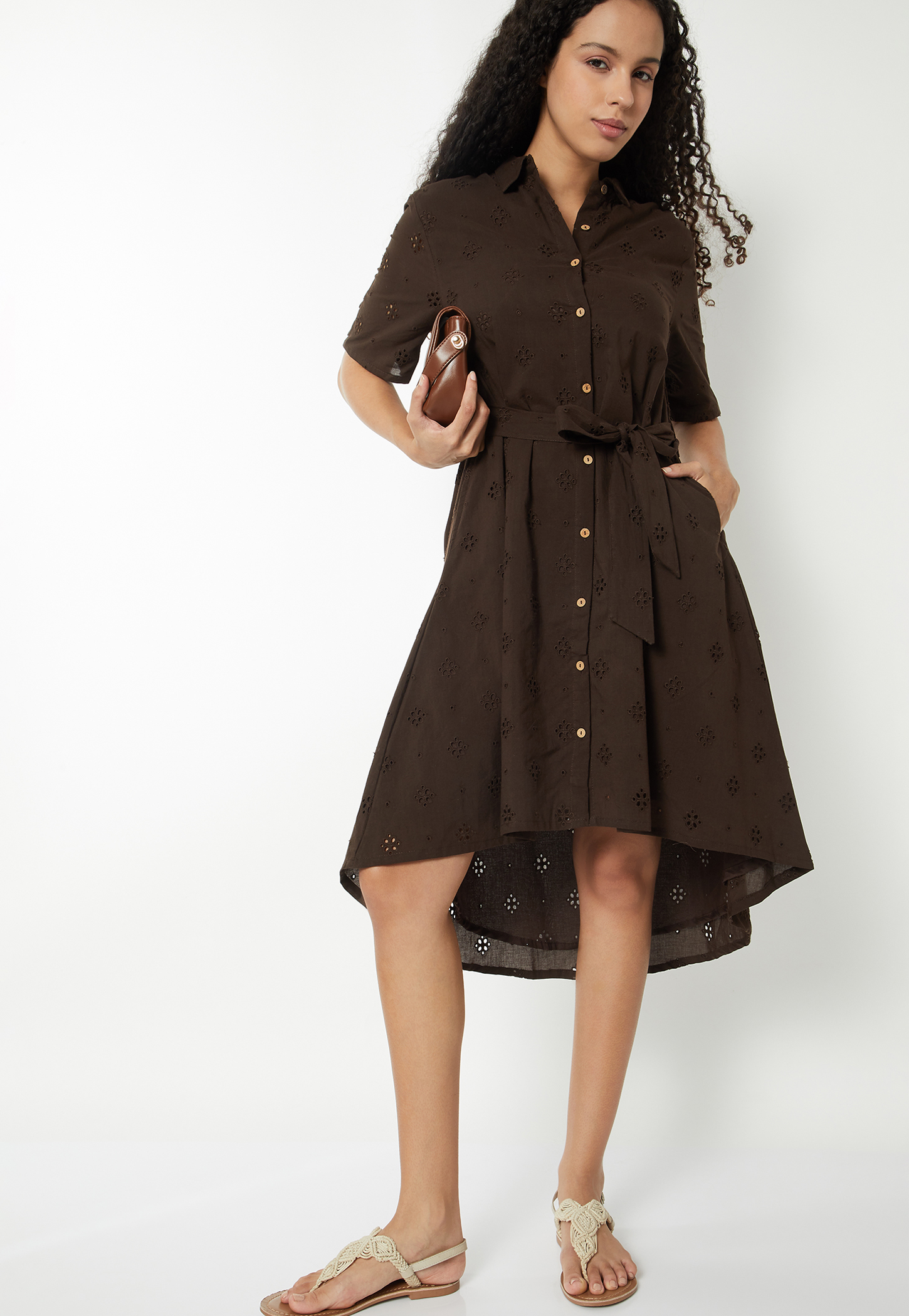 Women Solid Schiffli High-Low Belted Shirt Dress-picture-43