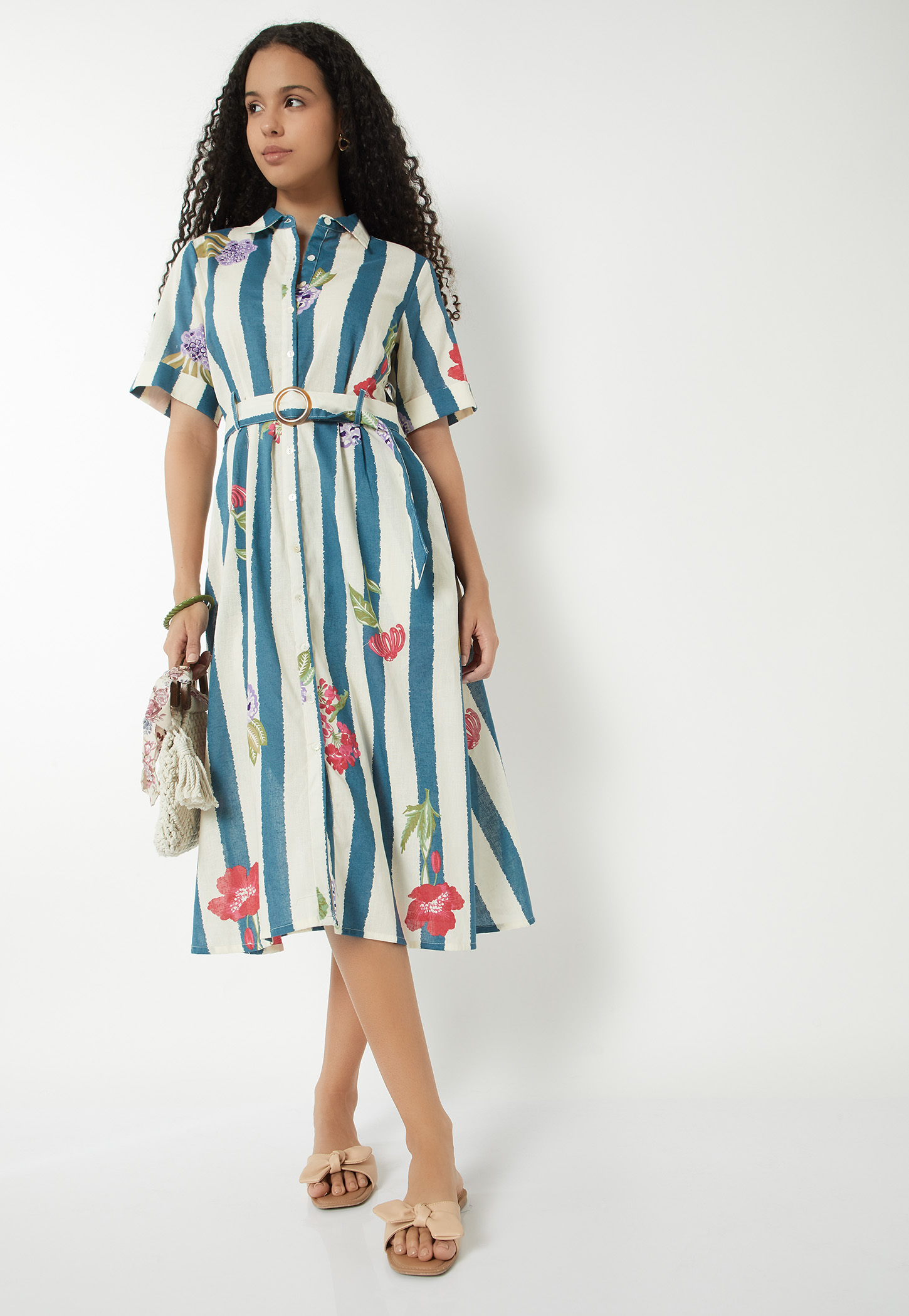 Women Printed Belted A-line Shirt Dress-picture-24
