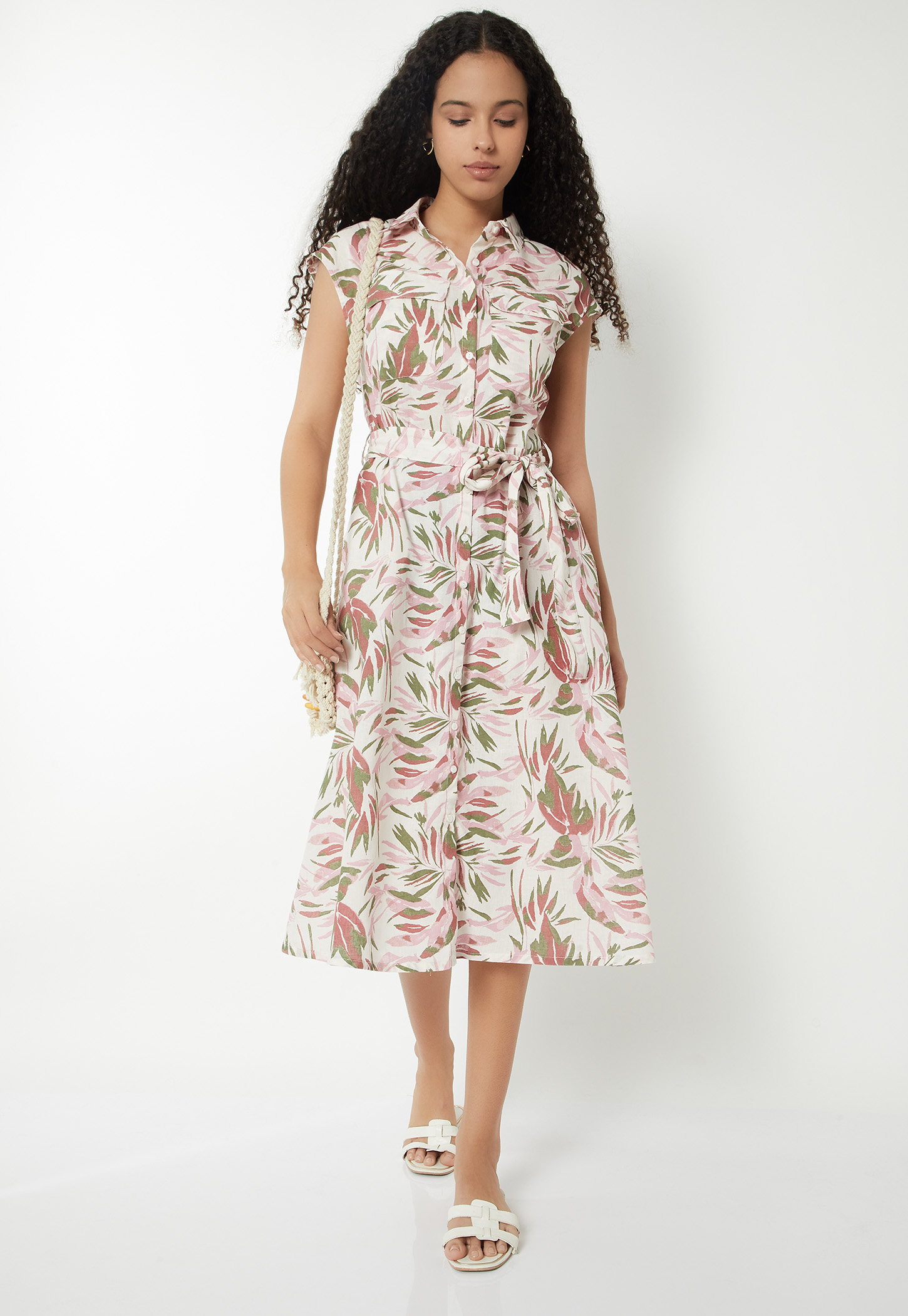 Women Tropical Print Midi Shirt Dress-picture-36
