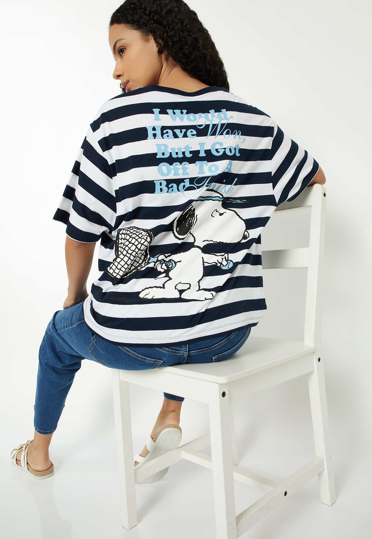 Women Striped Snoopy Print Oversized T-shirt-picture-34