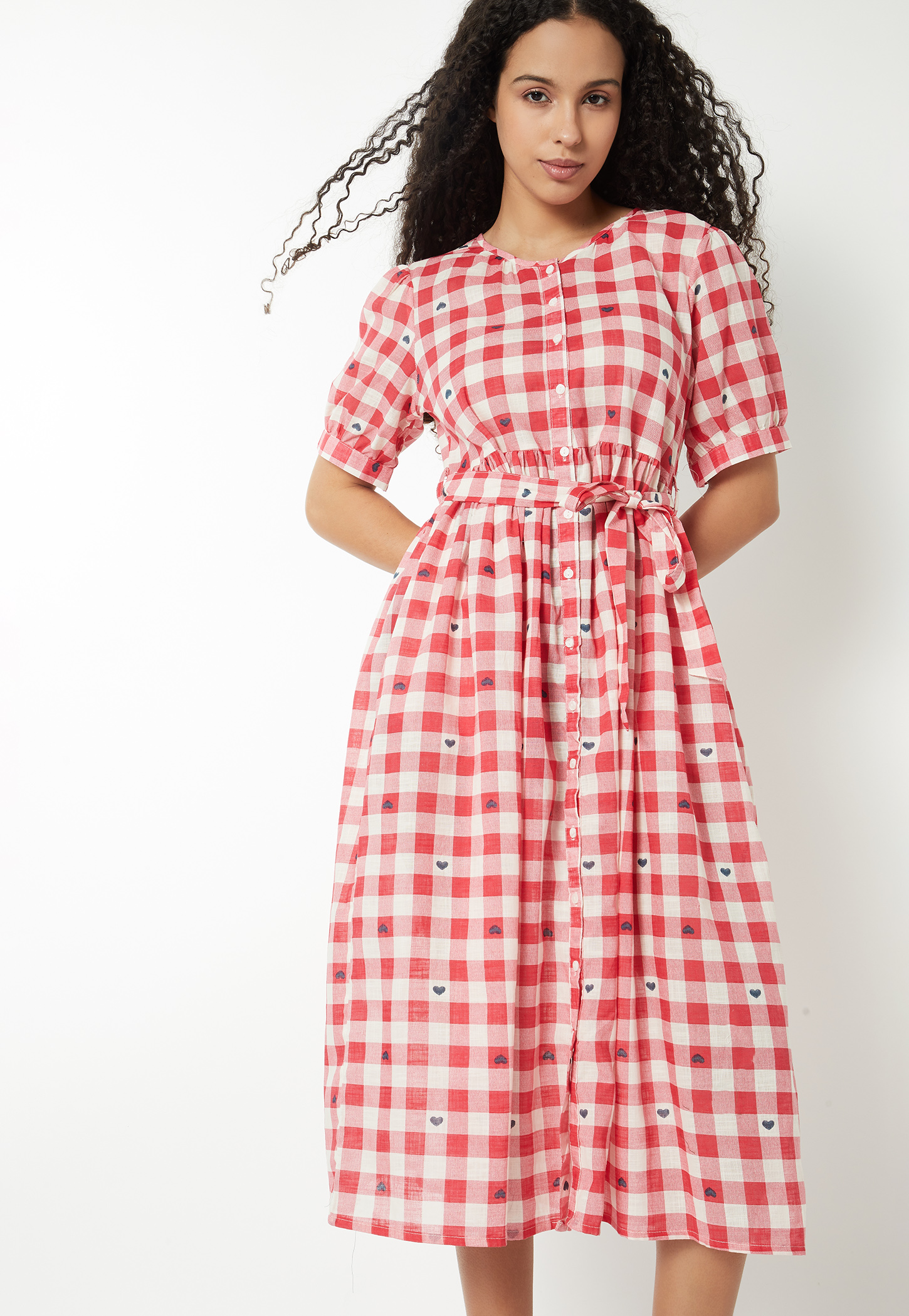 Women Checked A-line Belted Dress-picture-55