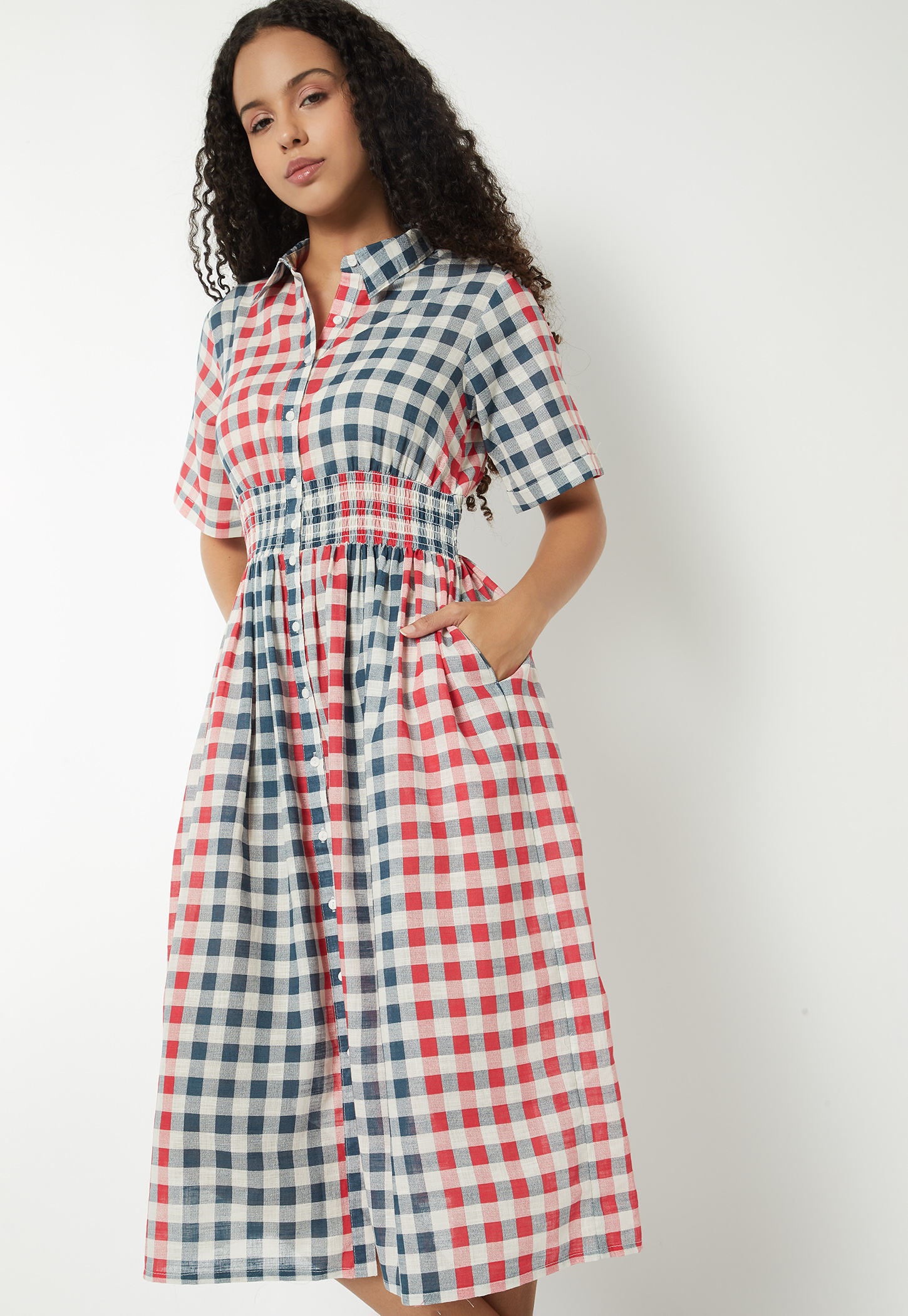 Women Checked A-line Shirt Dress-image-4