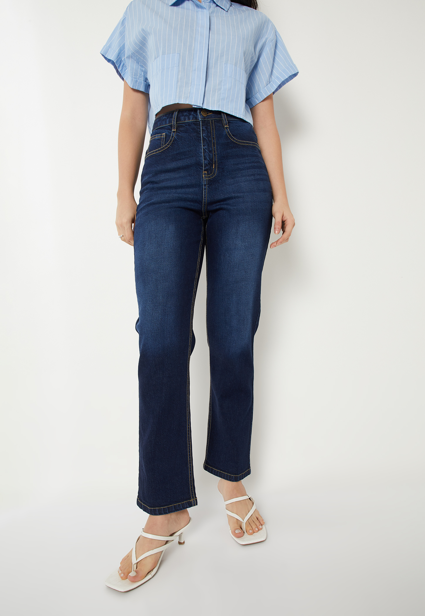 Women Dark Washed Slim Straight Jeans-picture-24