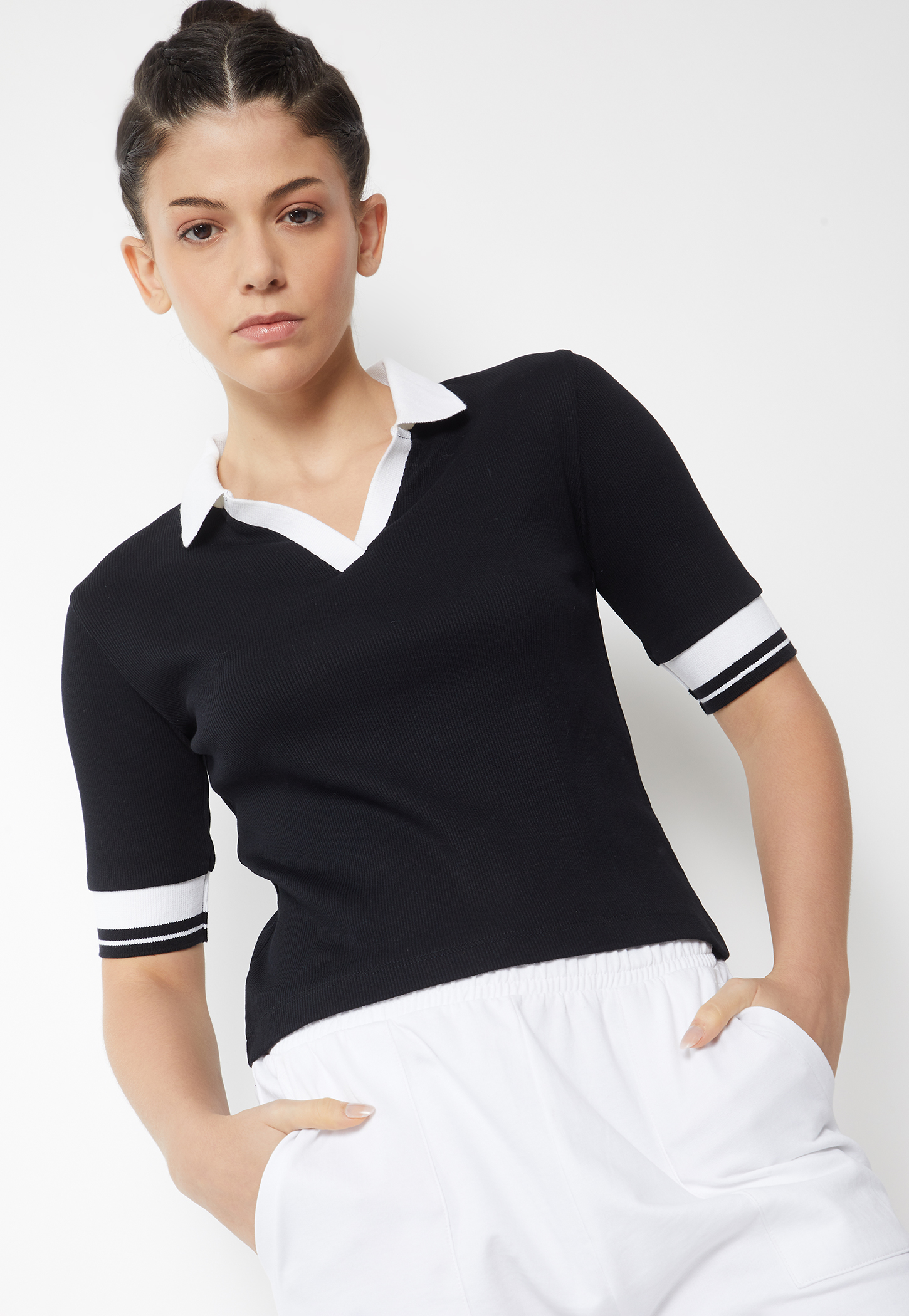 Women Ribbed Johnny Collar T-shirt-picture-37