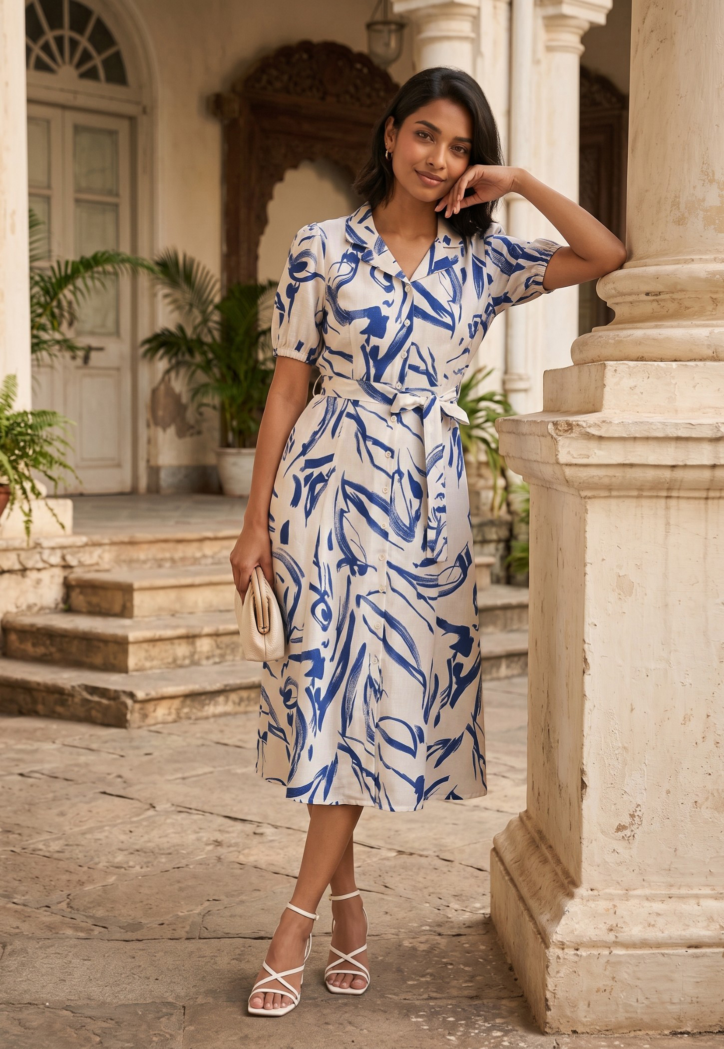 Women Printed Belted Midi Dress-picture-22